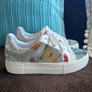 Betsy Johnson Lindsay Blue Multi Rhinestone Butterfly tennis shoes 6.5